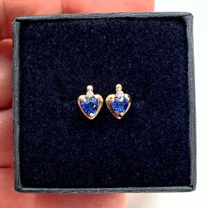 10k Solid Yellow Gold Genuine Blue Sapphire & CZ Petite Stud Earrings (.31 inch)